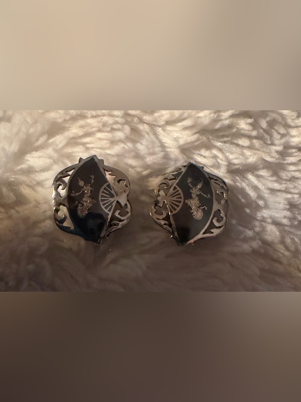 Vintage Sterling Siam Niello Dancing Goddess Ornate Clip on Earrings